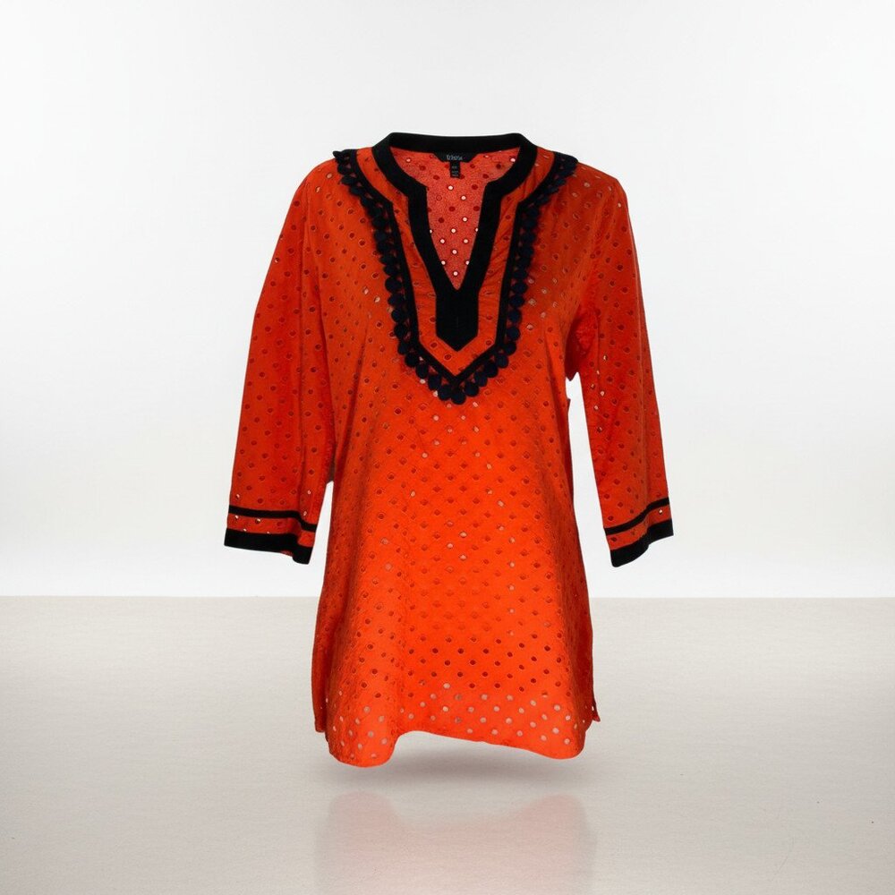 J.Crew Eyelet Tunic Top Orange Red Navy Trim 3/4 Sleeve Small